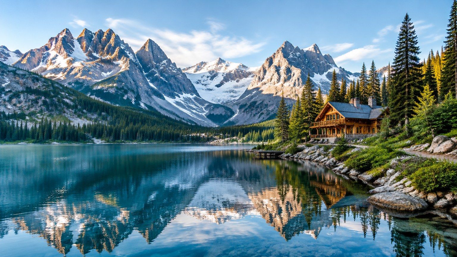 Alpensee mit kristallklarer Spiegelung und Bergpanorama