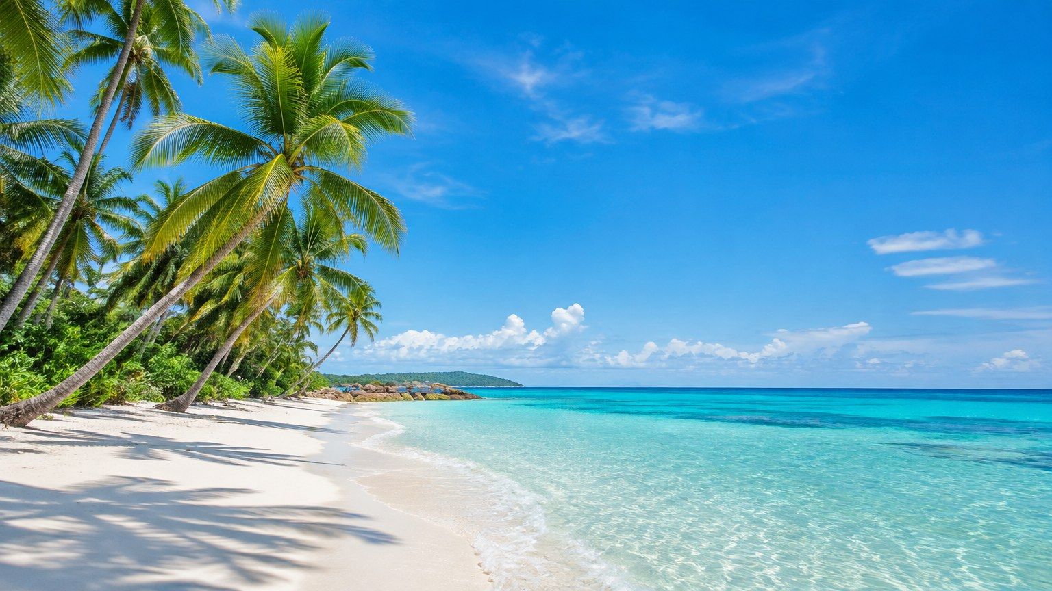 Tropischer Strand mit weißem Sand und Palmen